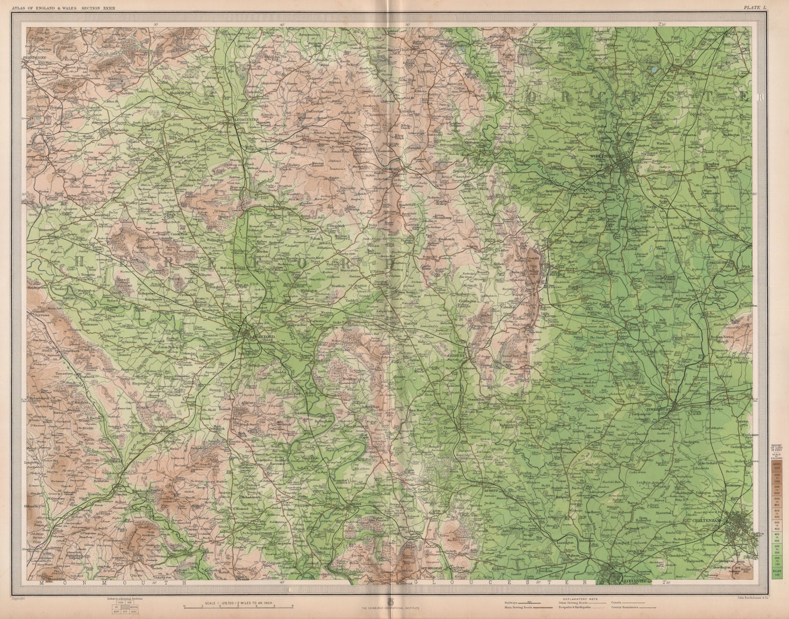 WELSH MARCHES. Hereford Worcester Malvern Cheltenham Gloucester. LARGE 1903 map